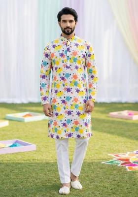 Multicolor Printed Cotton Kurta Pajama For Men