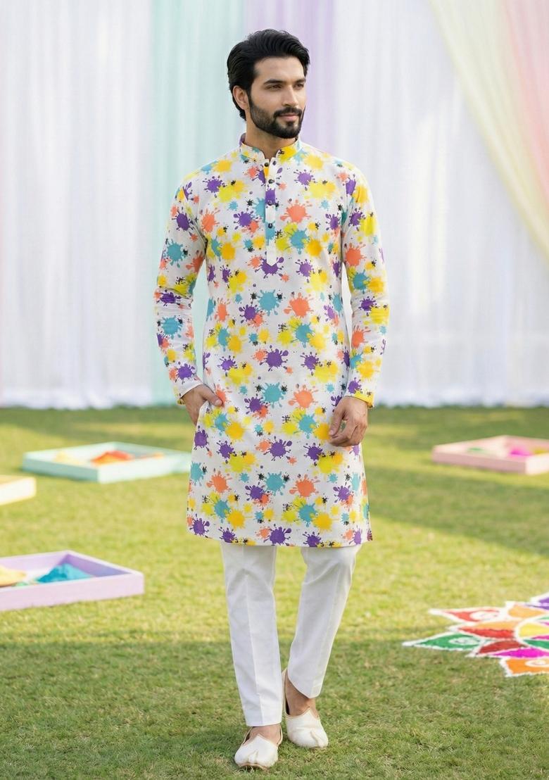 Multicolor Printed Cotton Kurta Pajama For Men - Indya