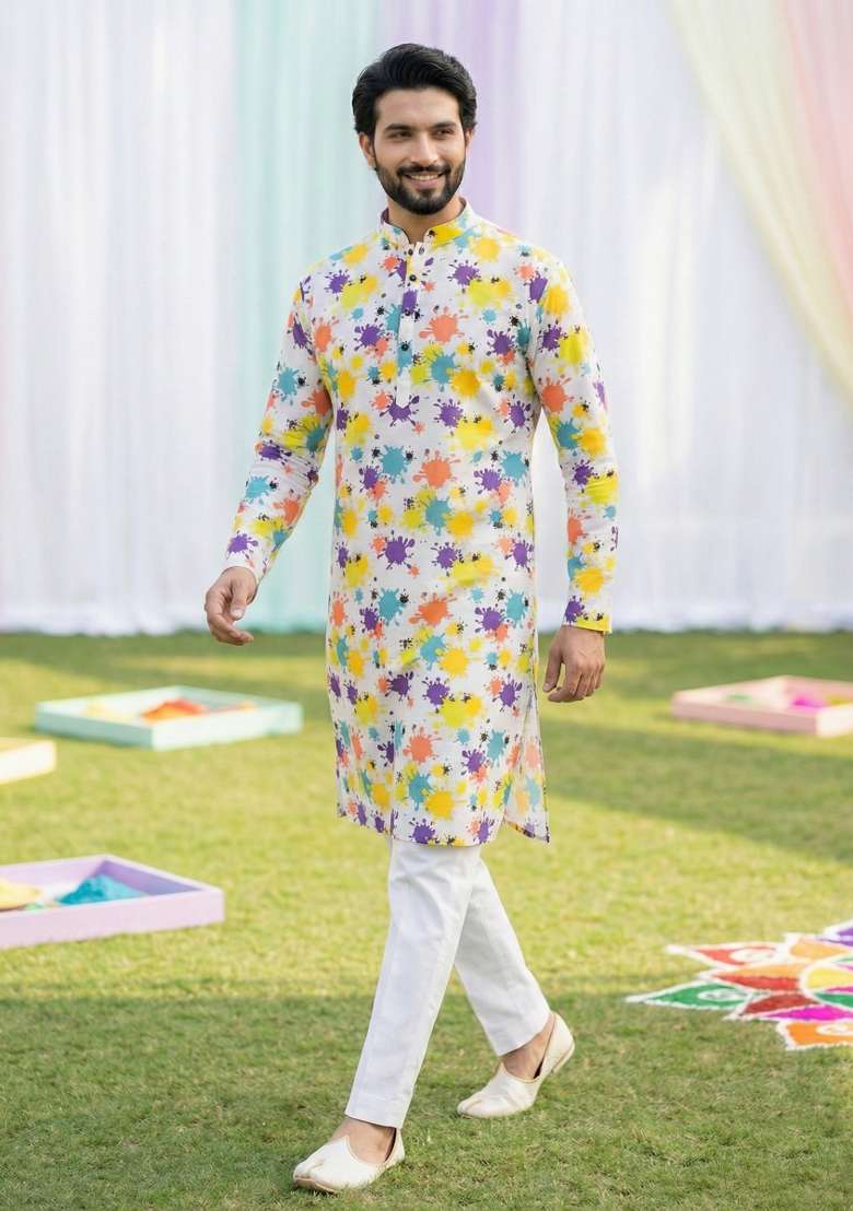 Multicolor Printed Cotton Kurta Pajama For Men - Indya