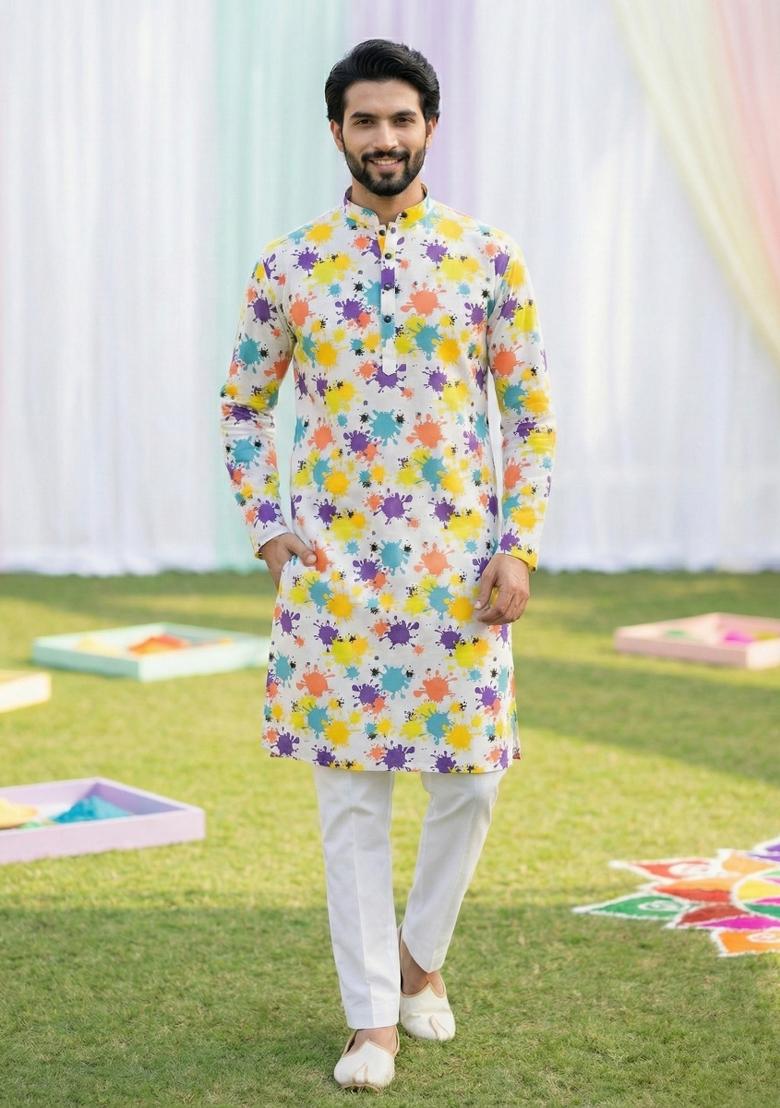 Multicolor Printed Cotton Kurta Pajama For Men - Indya