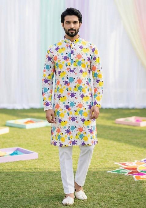 Multicolor Printed Cotton Kurta Pajama For Men