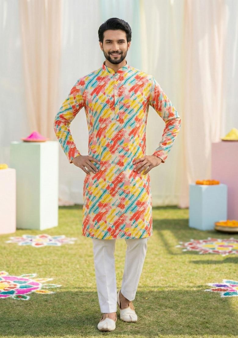 Multicolor Printed Cotton Kurta Pajama For Men - Indya