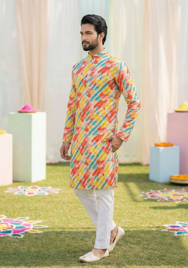 Multicolor Printed Cotton Kurta Pajama For Men - Indya