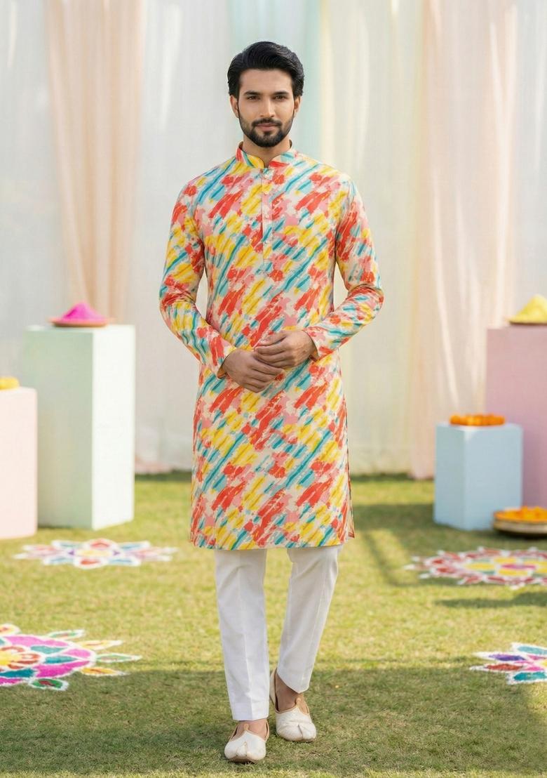 Multicolor Printed Cotton Kurta Pajama For Men - Indya