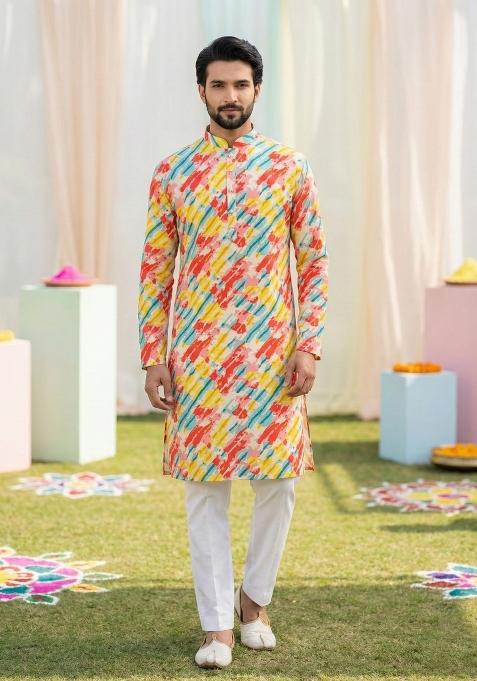 Multicolor Printed Cotton Kurta Pajama For Men