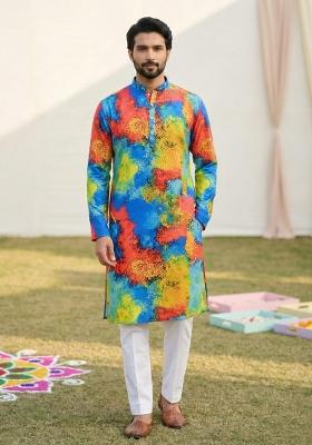 Multicolor Printed Cotton Kurta Pajama For Men