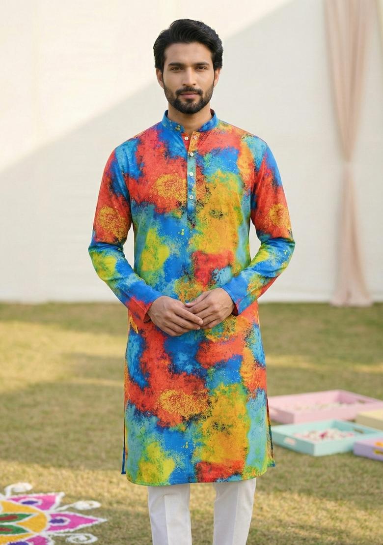 Multicolor Printed Cotton Kurta Pajama For Men - Indya