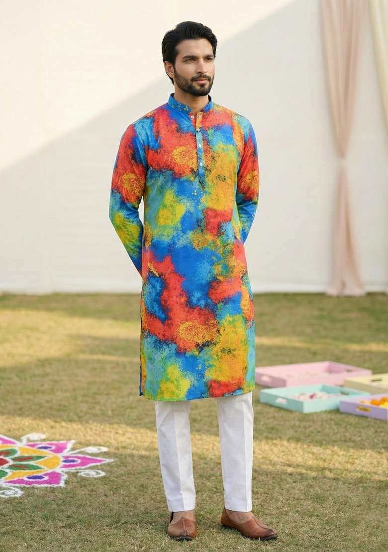 Multicolor Printed Cotton Kurta Pajama For Men - Indya