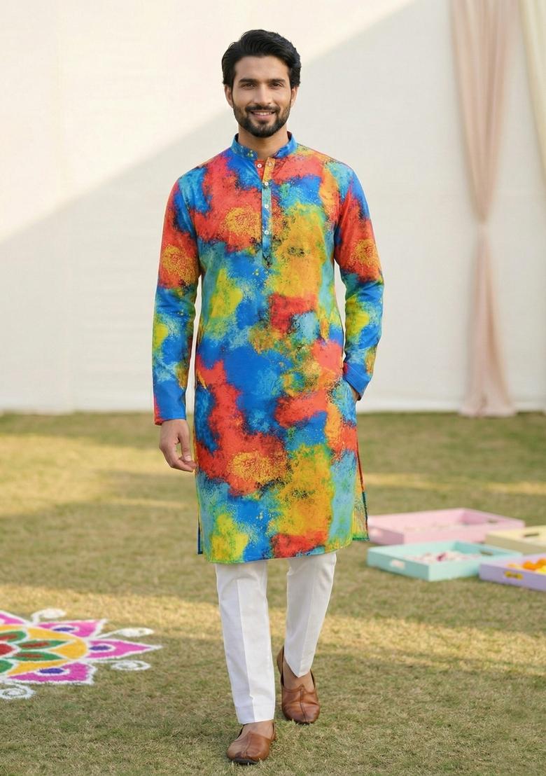 Multicolor Printed Cotton Kurta Pajama For Men - Indya