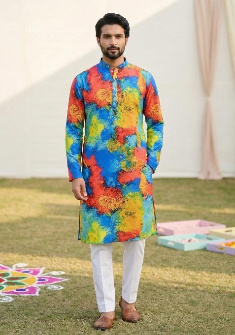 Multicolor Printed Cotton Kurta Pajama For Men