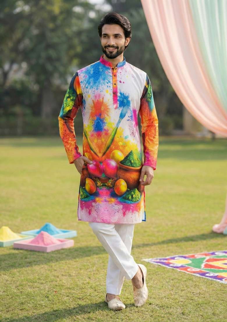 Multicolor Printed Cotton Kurta Pajama For Men - Indya