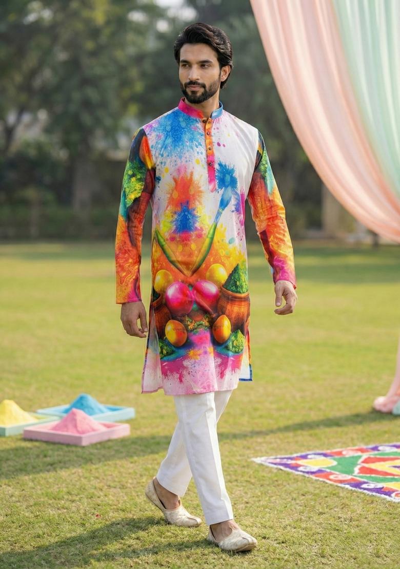 Multicolor Printed Cotton Kurta Pajama For Men - Indya