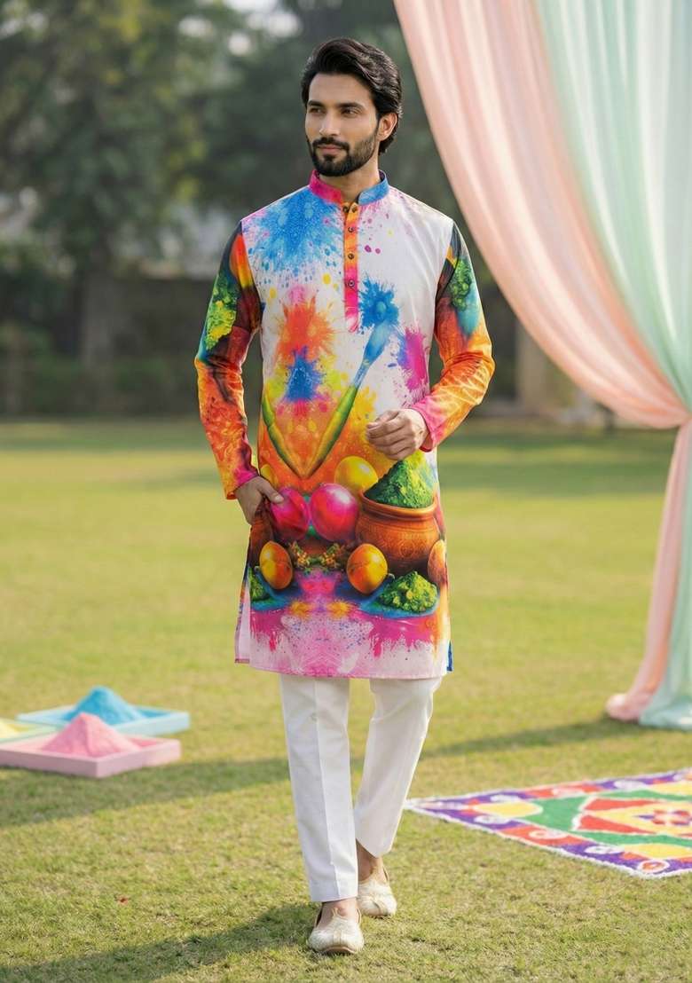 Multicolor Printed Cotton Kurta Pajama For Men - Indya