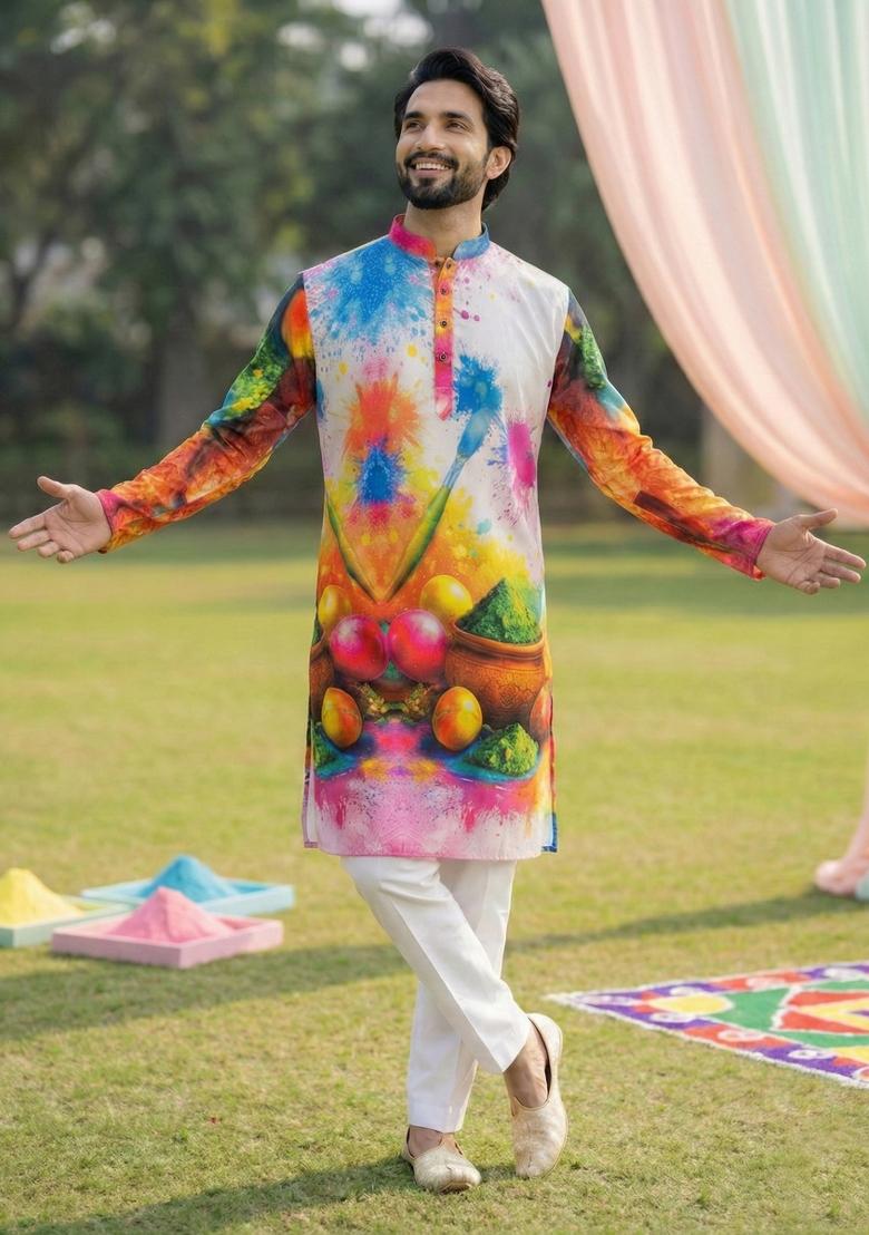 Multicolor Printed Cotton Kurta Pajama For Men - Indya