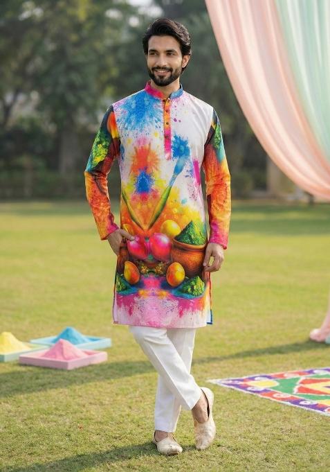 Multicolor Printed Cotton Kurta Pajama For Men