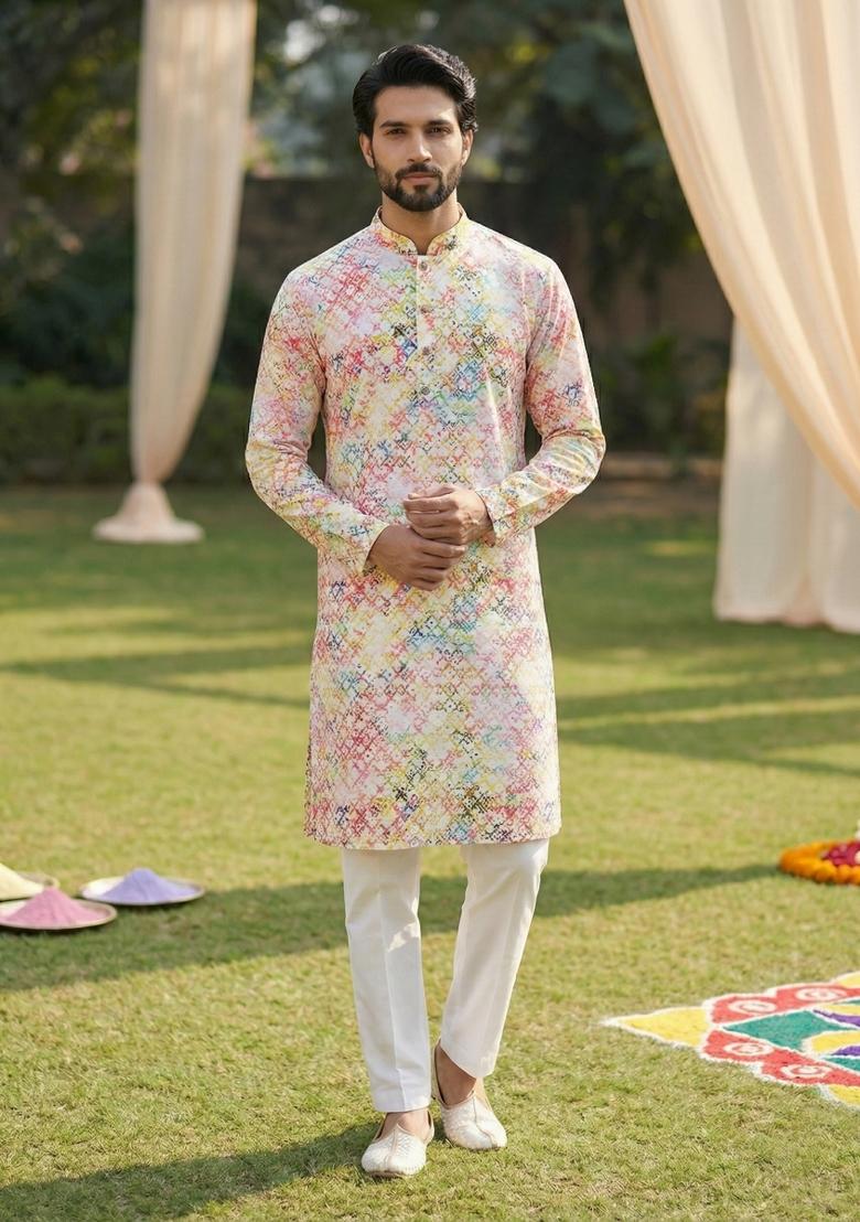 Multicolor Printed Cotton Kurta Pajama For Men - Indya