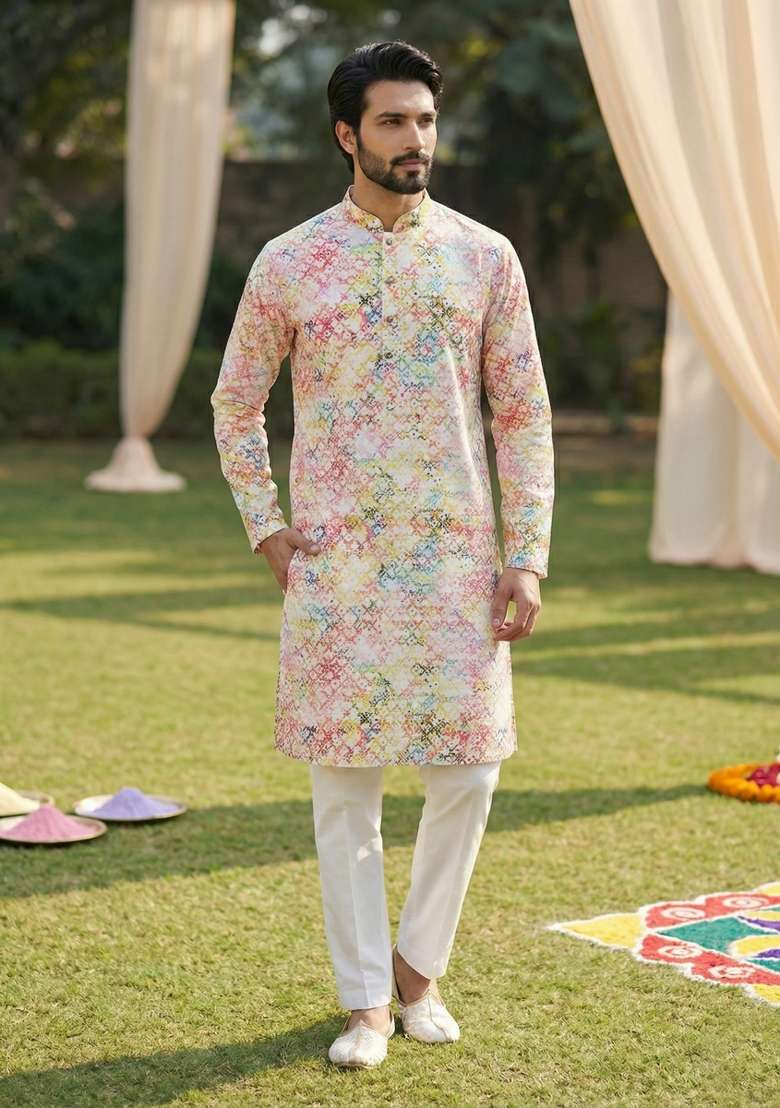 Multicolor Printed Cotton Kurta Pajama For Men - Indya
