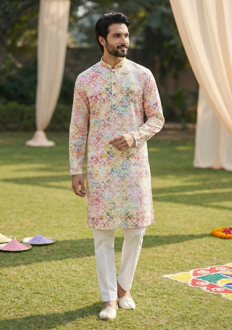 Multicolor Printed Cotton Kurta Pajama For Men - Indya