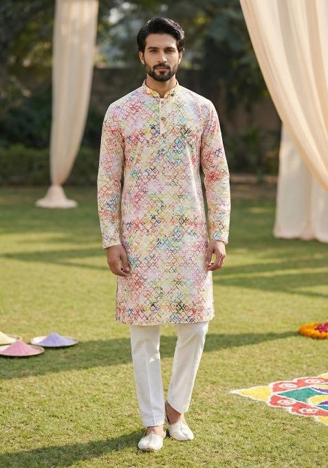 Multicolor Printed Cotton Kurta Pajama For Men