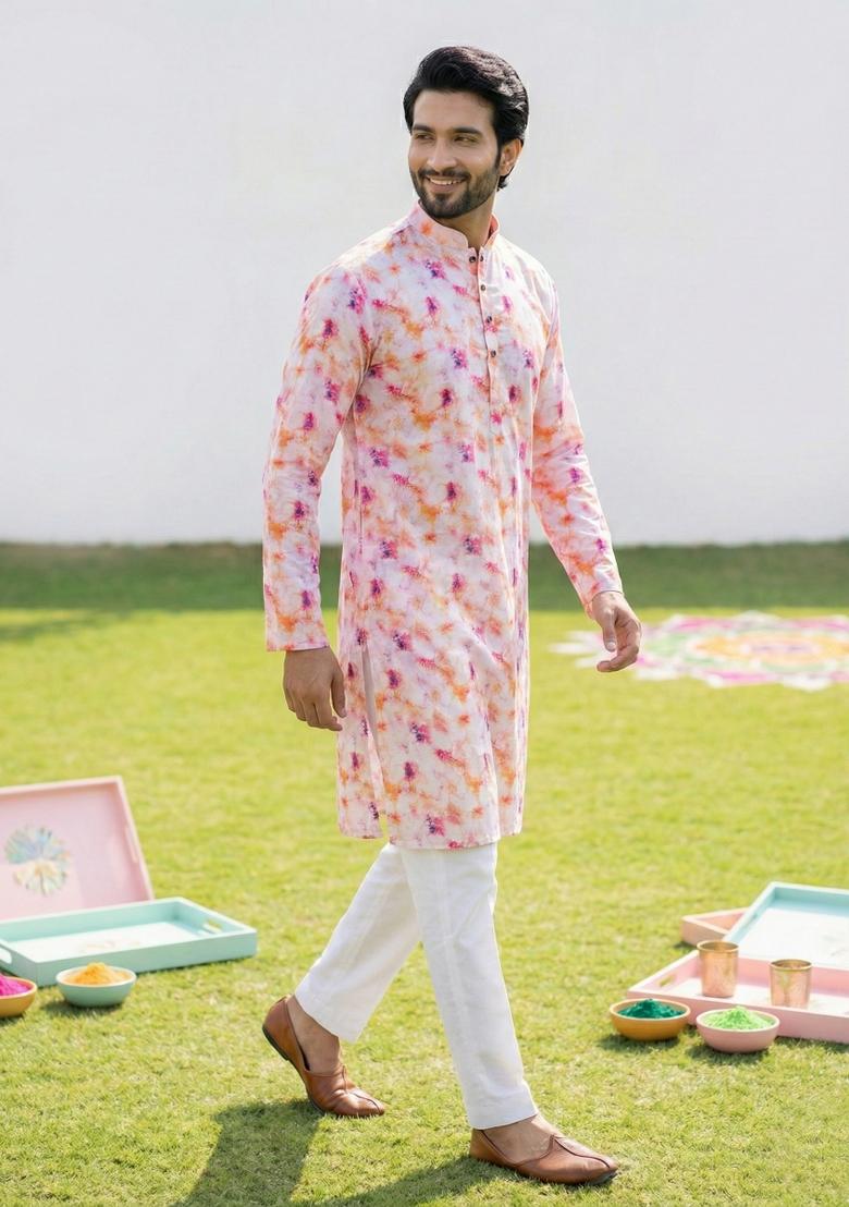 Multicolor Printed Cotton Kurta Pajama For Men - Indya