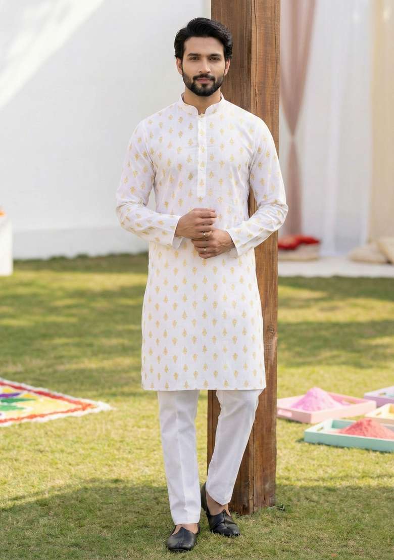 Multicolor Printed Cotton Kurta Pajama For Men - Indya