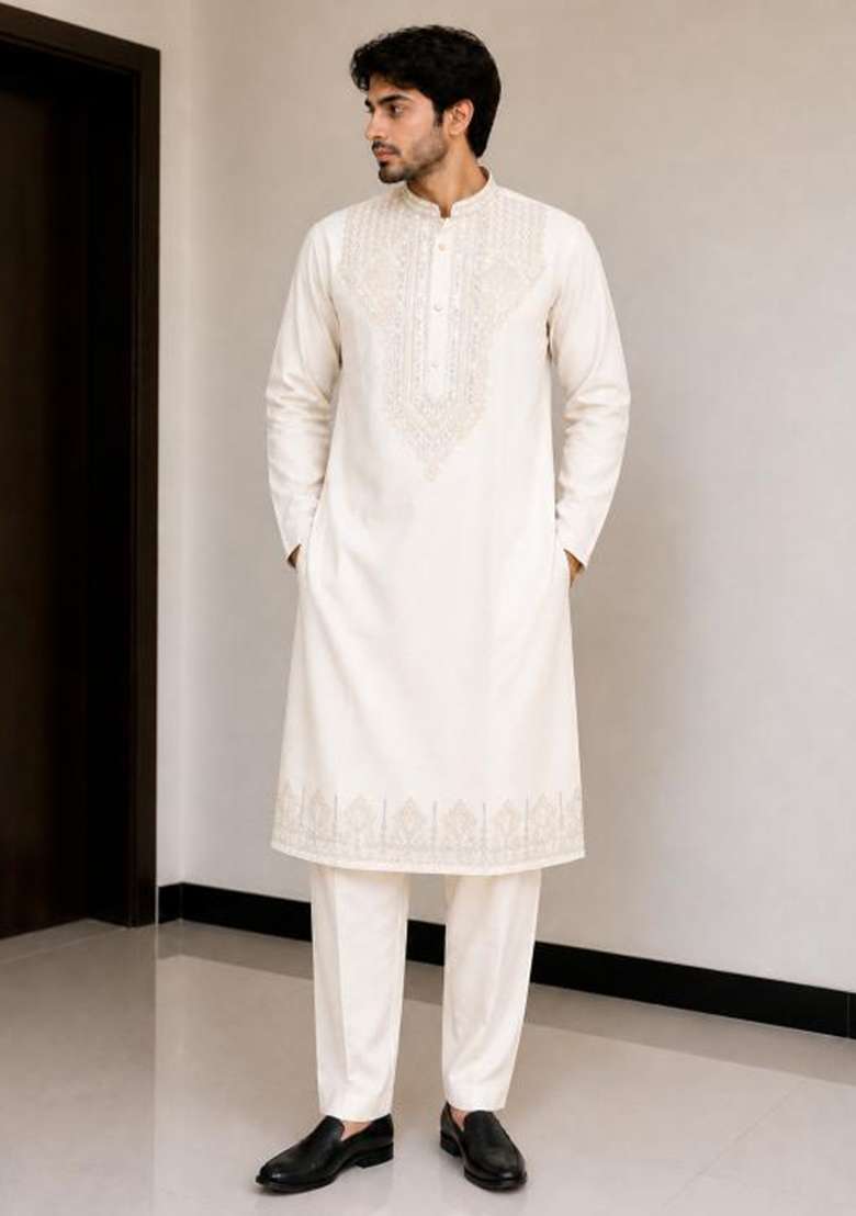 Off White Embroidery Silk Kurta Pajama For Men - Indya