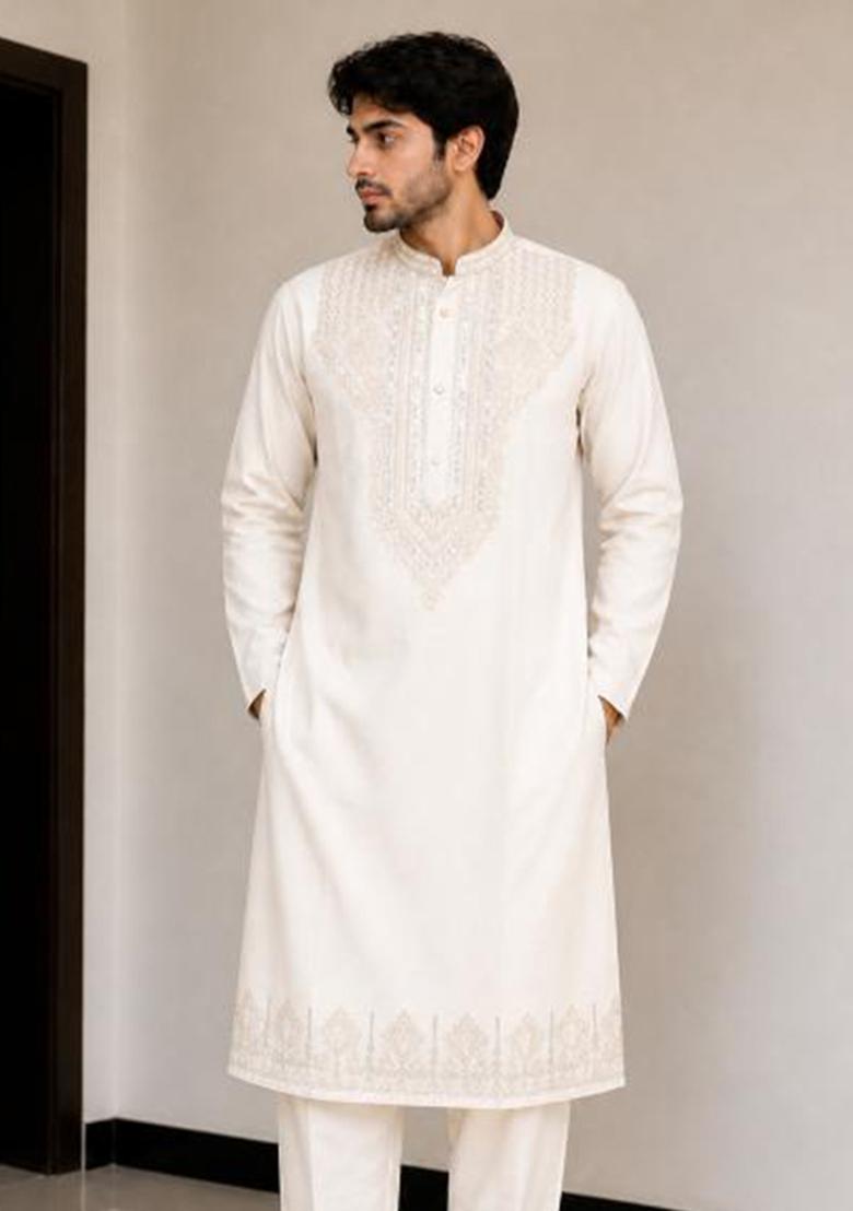 Off White Embroidery Silk Kurta Pajama For Men - Indya