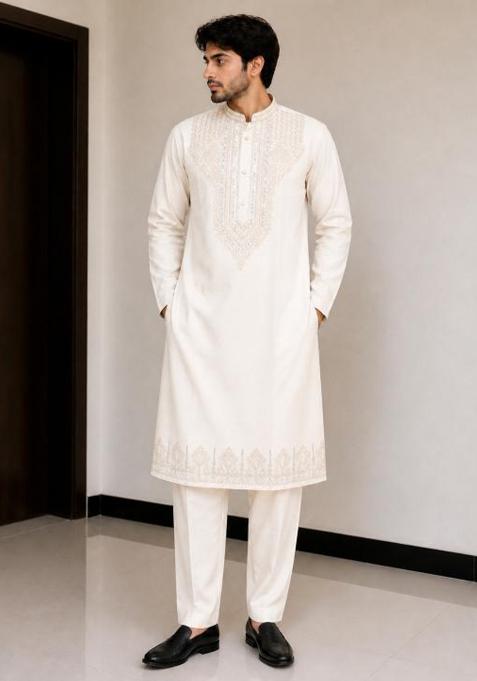 Off White Embroidery Silk Kurta Pajama For Men