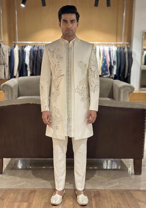 Cream Embroidery Armani Indo Western For Men