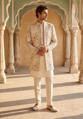 Cream Embroidery Armani Indo Western For Men
