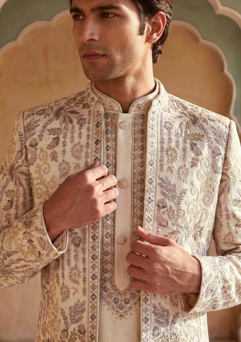 Cream Embroidery Armani Indo Western For Men - Indya