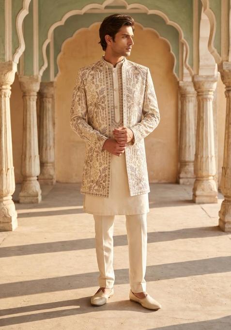 Cream Embroidery Armani Indo Western For Men