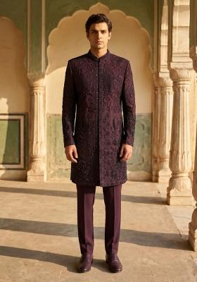 Wine Embroidery Armani Indo Western For Men