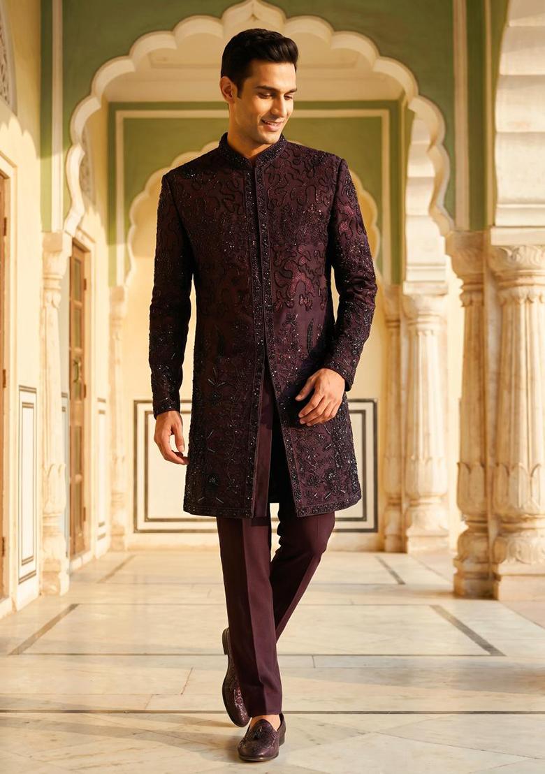 Wine Embroidery Armani Indo Western For Men - Indya
