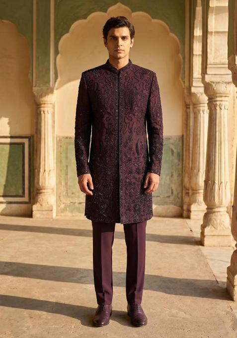 Wine Embroidery Armani Indo Western For Men