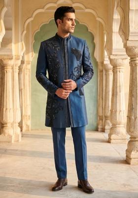 Navy Blue Embroidery Armani Indo Western For Men