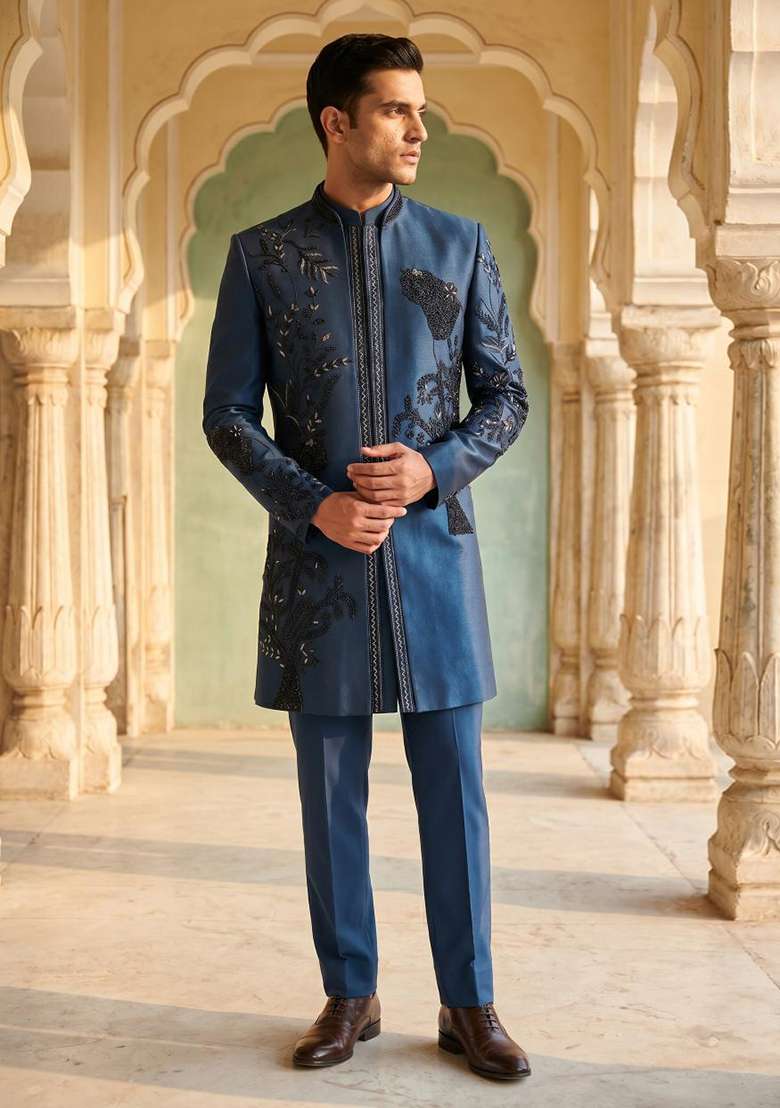 Navy Blue Embroidery Armani Indo Western For Men - Indya