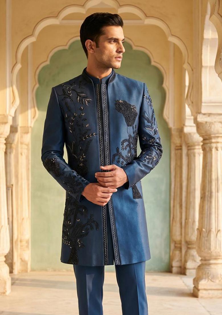 Navy Blue Embroidery Armani Indo Western For Men - Indya