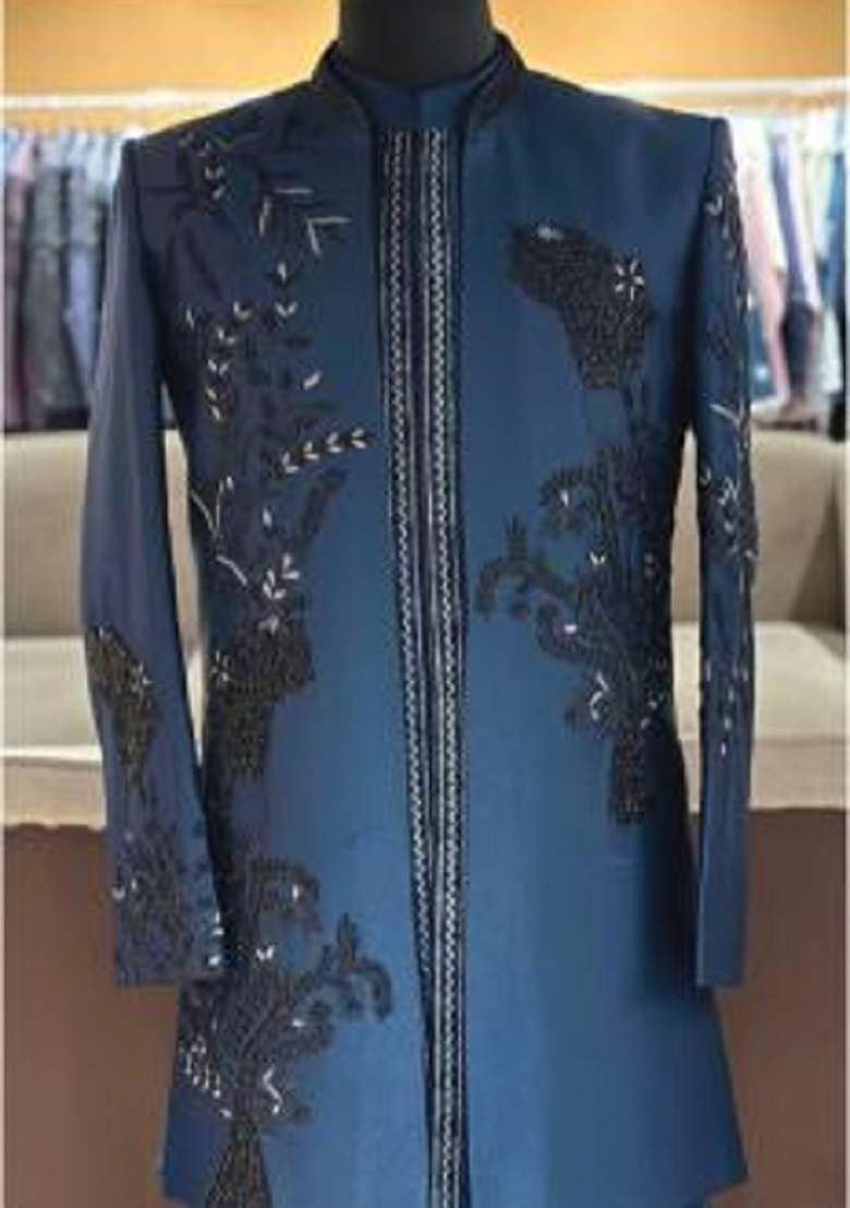 Navy Blue Embroidery Armani Indo Western For Men - Indya