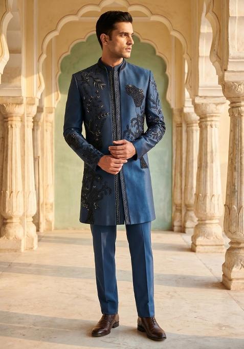 Navy Blue Embroidery Armani Indo Western For Men
