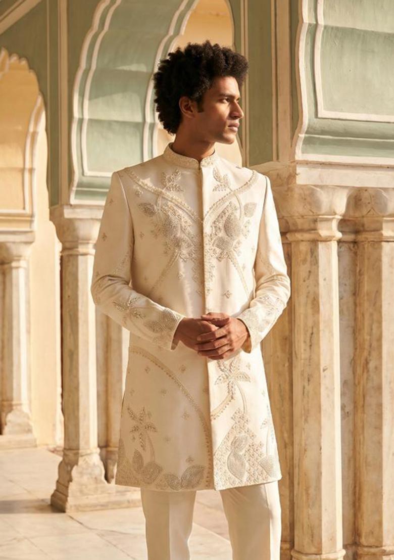 White Embroidery Armani Indo Western For Men - Indya
