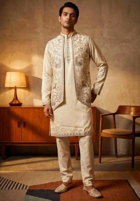 Off White Embroidery Armani Indo Western For Men
