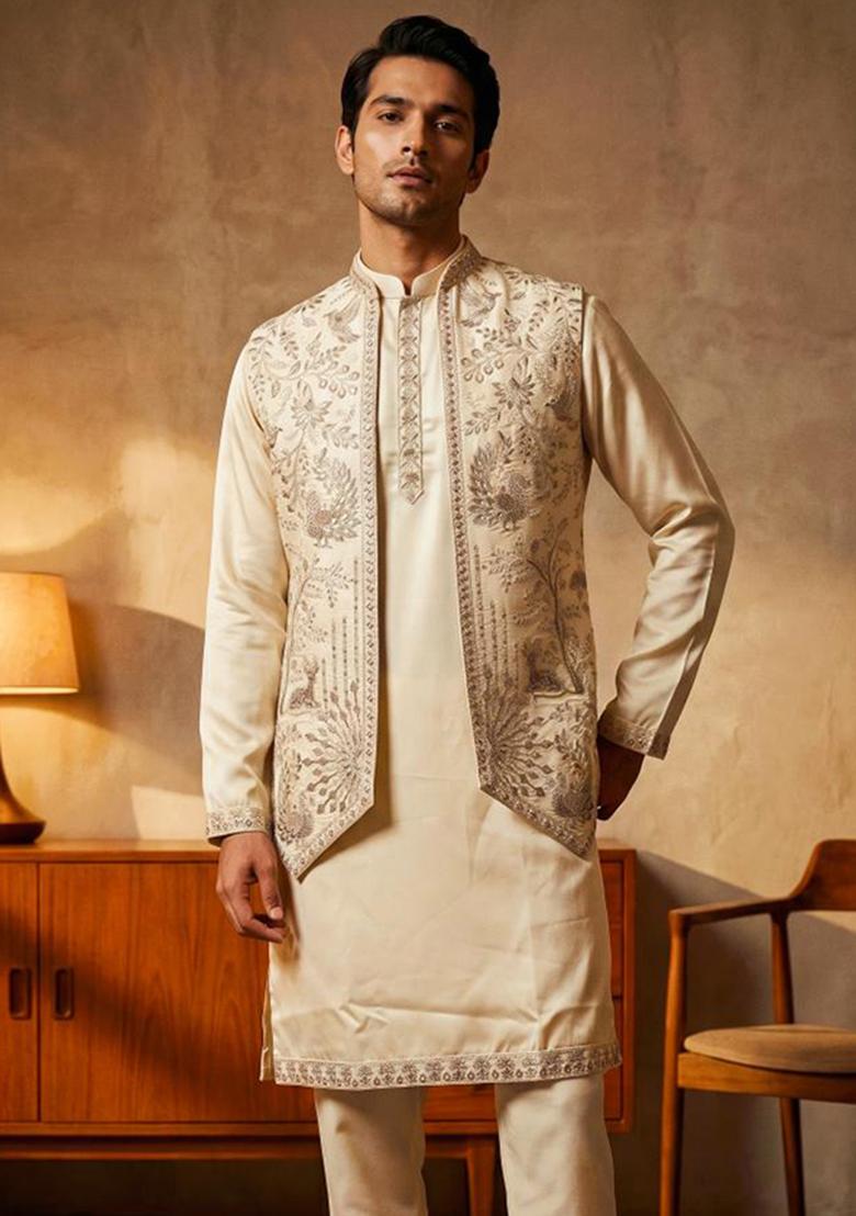 Off White Embroidery Armani Indo Western For Men - Indya