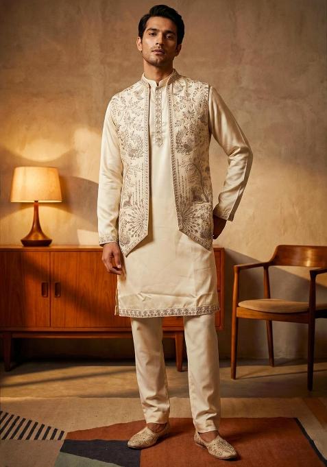 Off White Embroidery Armani Indo Western For Men