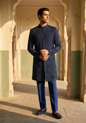 Navy Blue Embroidery Armani Indo Western For Men