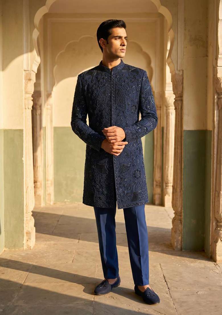 Navy Blue Embroidery Armani Indo Western For Men - Indya