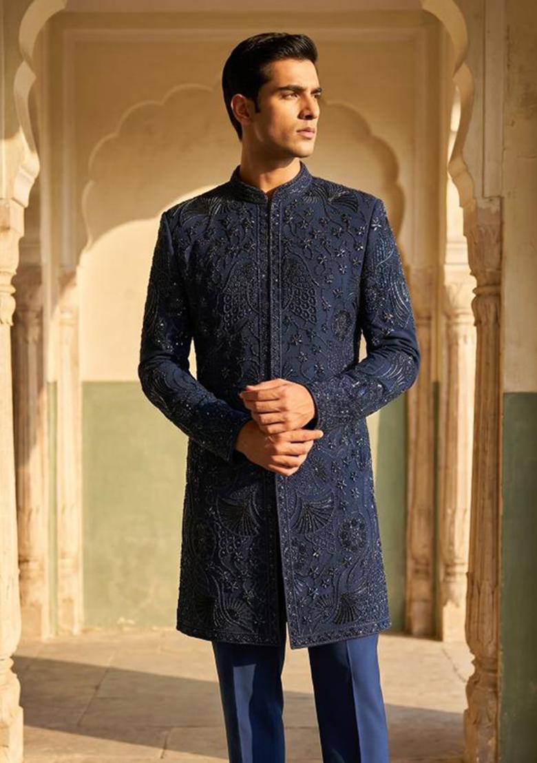 Navy Blue Embroidery Armani Indo Western For Men - Indya