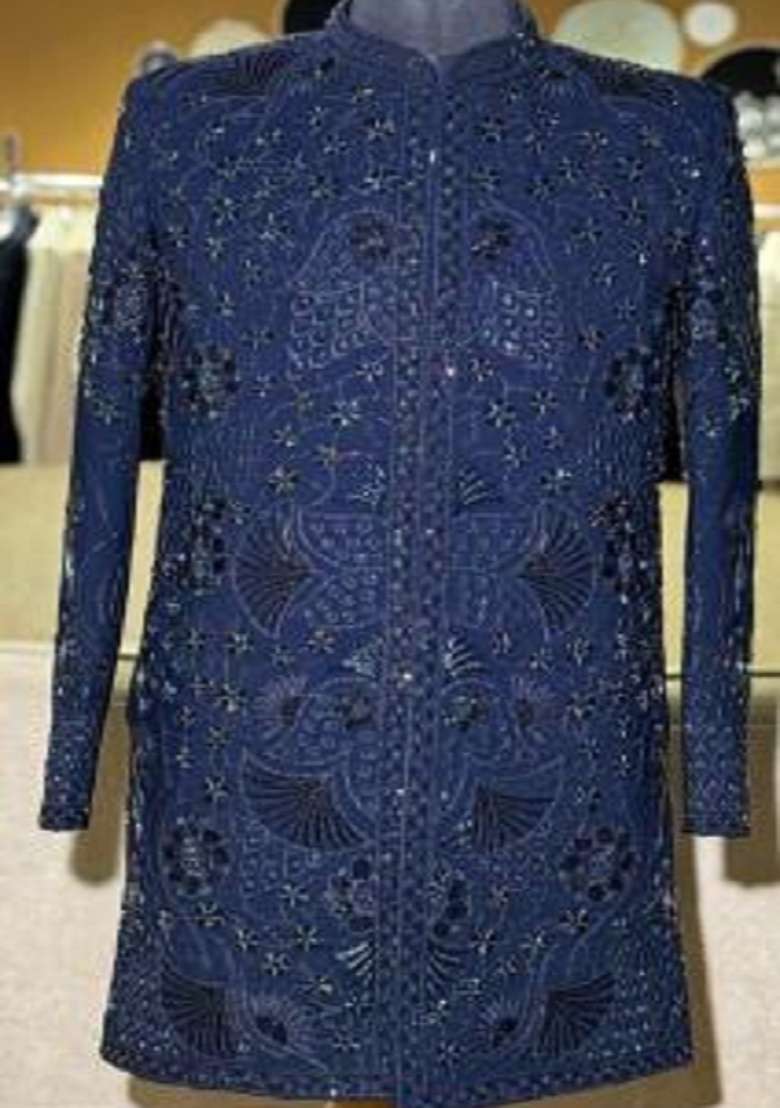 Navy Blue Embroidery Armani Indo Western For Men - Indya