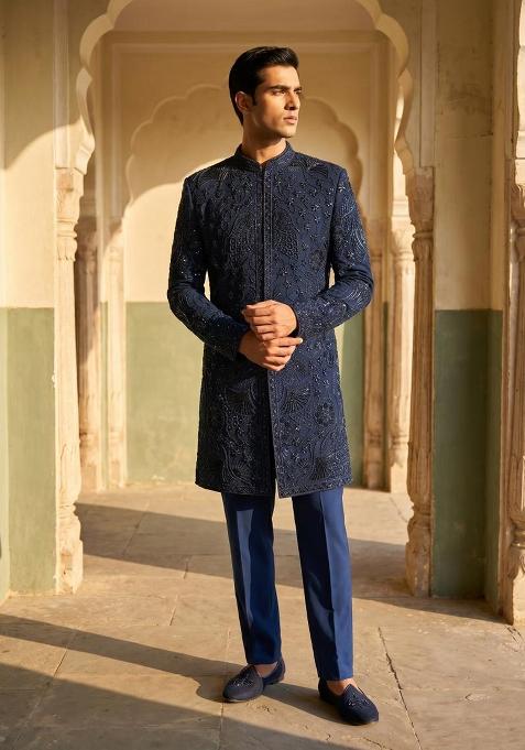 Navy Blue Embroidery Armani Indo Western For Men