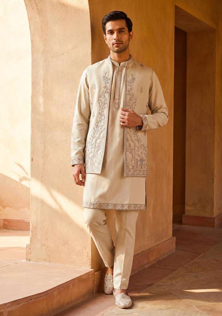 Cream Embroidery Armani Indo Western For Men - Indya